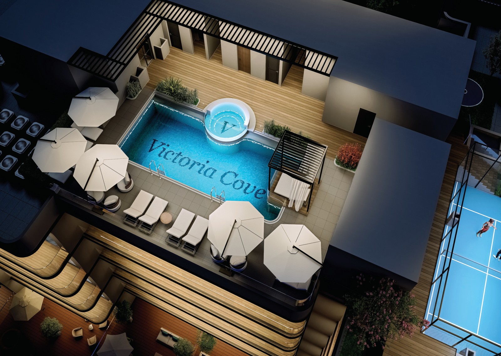 Rooftop pool and lounge deck render